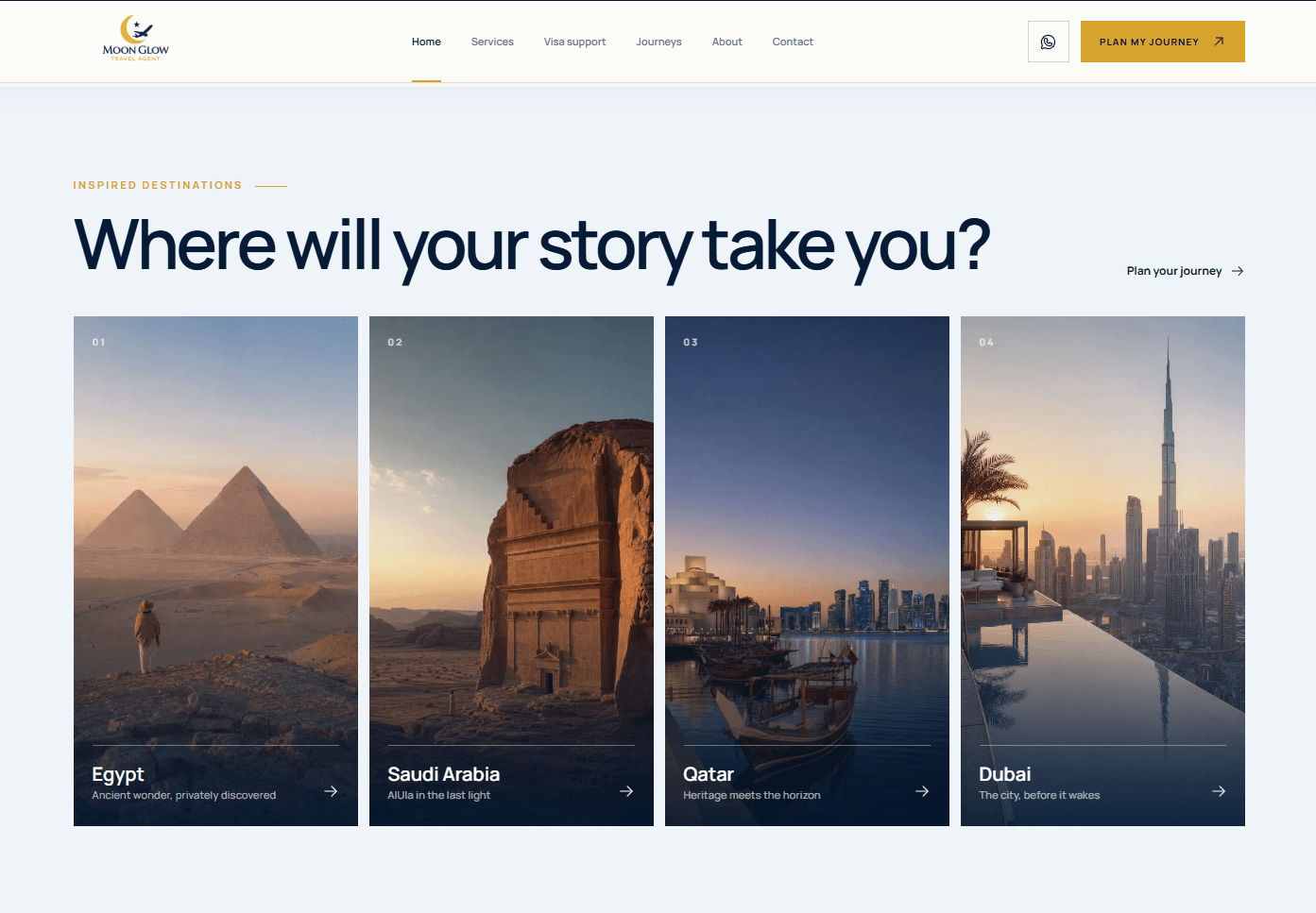 Moon Glow Travel Agent website showing curated destinations in Egypt, Saudi Arabia, Qatar and Dubai